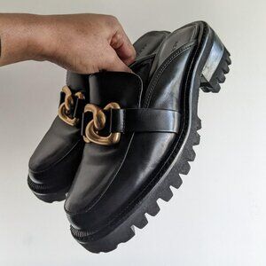 Aerosoles Black Leather Chunky Mules with Gold Chain Buckle